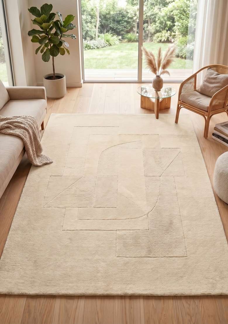 100% Wool Handmade Beige Rug | Contemporary Geometric Carpet With Cotton Backing For Living Room - Indya