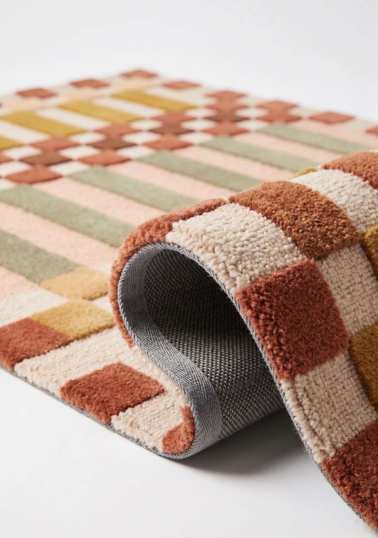 Saffron Rugs Hand-Tufted 100% Wool Area Rug | Rust Red Rectangular Rug | Cotton Backing | Mid-Century Modern Checkered Home Decor Carpet for Living Room Bedroom - Indya