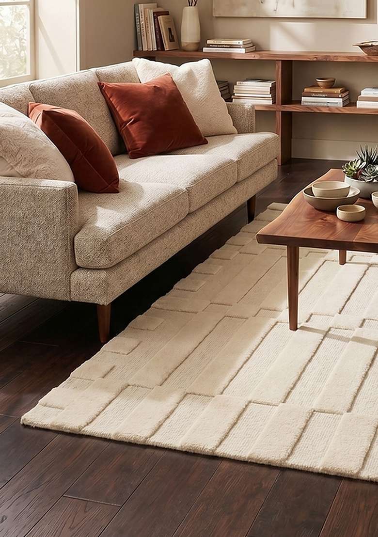 Saffron Rugs Hand-Tufted 100% Wool Area Rug | Cream Rectangular Rug | Cotton Backing | Mid-Century Modern Checkered Home Decor Carpet for Living Room Bedroom - Indya