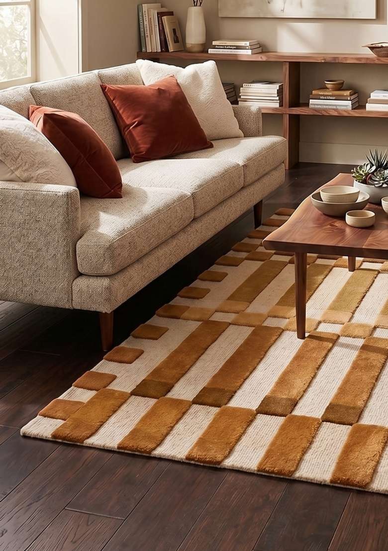 Saffron Rugs Hand-Tufted 100% Wool Area Rug | Ochre Rectangular Rug | Cotton Backing | Mid-Century Modern Checkered Home Decor Carpet for Living Room Bedroom - Indya