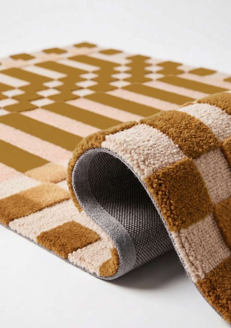 Saffron Rugs Hand-Tufted 100% Wool Area Rug | Ochre Rectangular Rug | Cotton Backing | Mid-Century Modern Checkered Home Decor Carpet for Living Room Bedroom - Indya