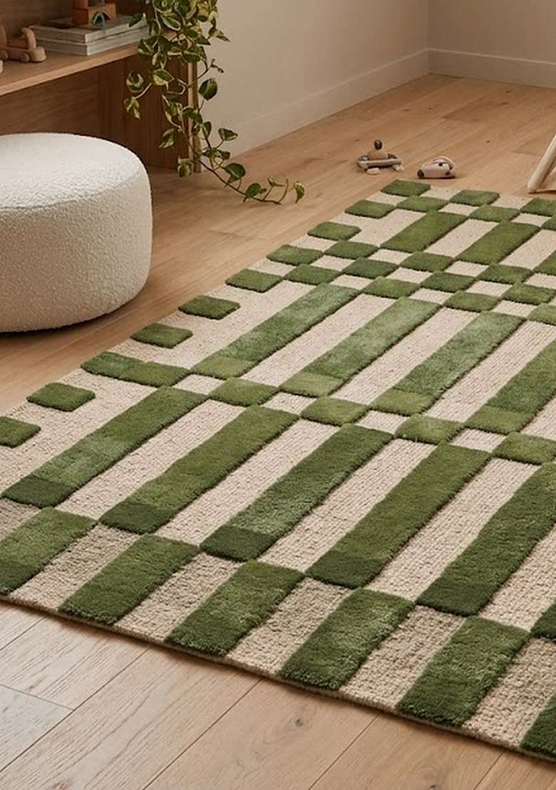 Saffron Rugs Hand-Tufted 100% Wool Area Rug | Green Rectangular Rug | Cotton Backing | Mid-Century Modern Checkered Home Decor Carpet for Living Room Bedroom - Indya