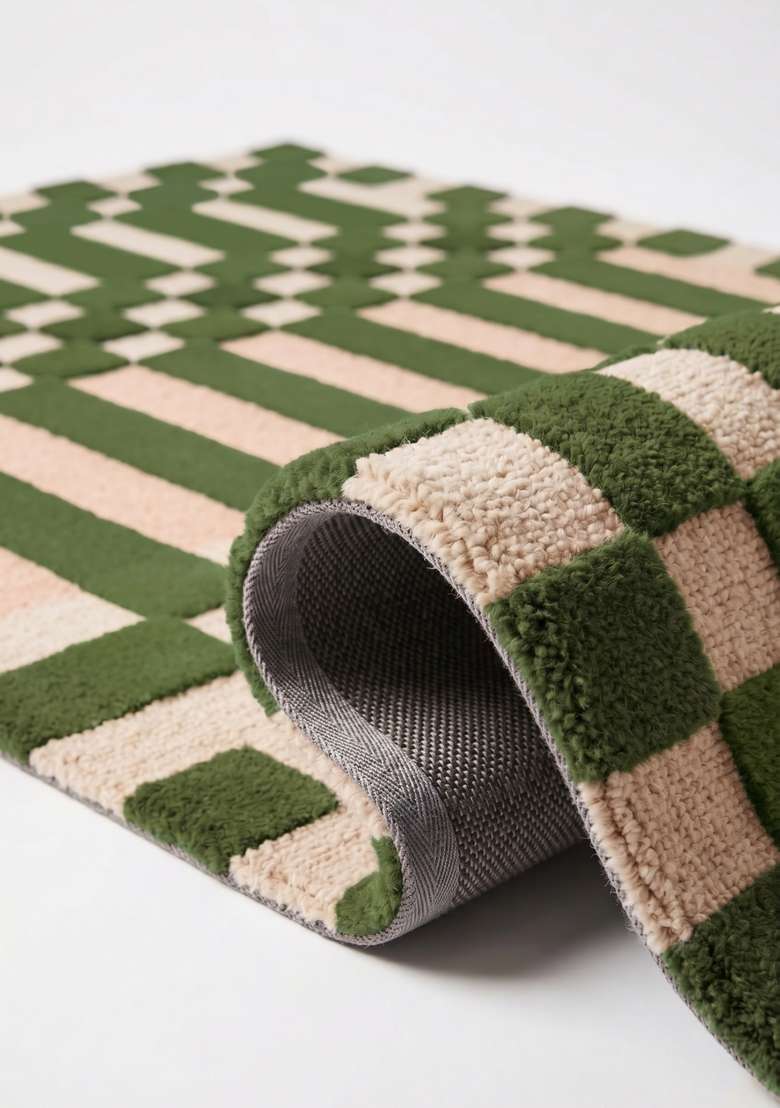 Saffron Rugs Hand-Tufted 100% Wool Area Rug | Green Rectangular Rug | Cotton Backing | Mid-Century Modern Checkered Home Decor Carpet for Living Room Bedroom - Indya