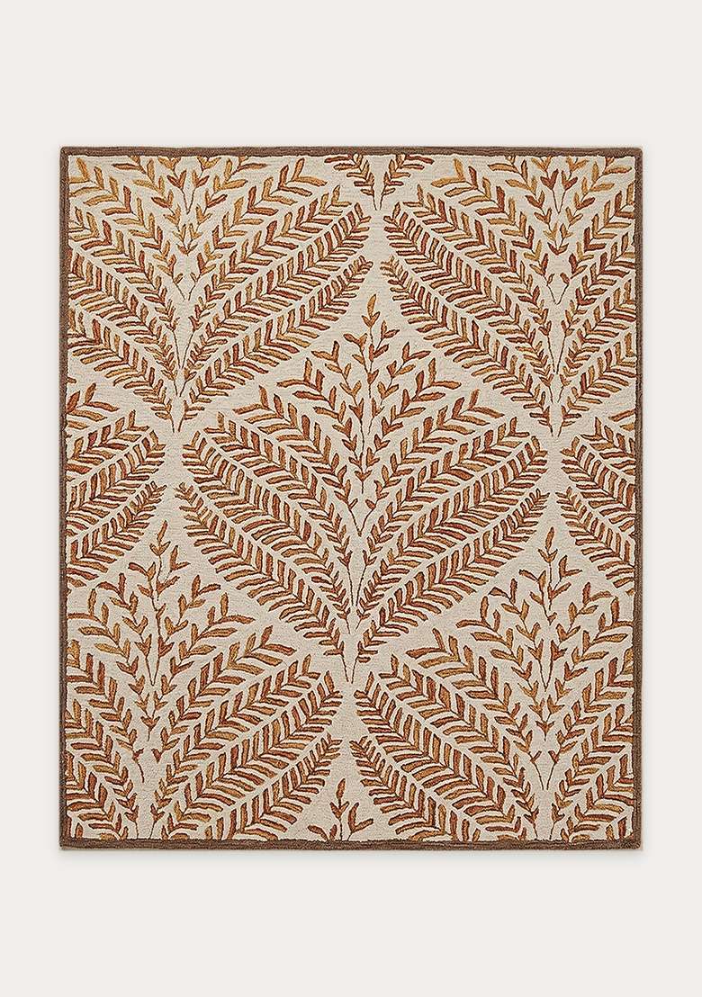 100% Wool Handmade Burnt Orange Rug | Transitional Leaf Square Carpet With Cotton Backing For Living Room - Indya