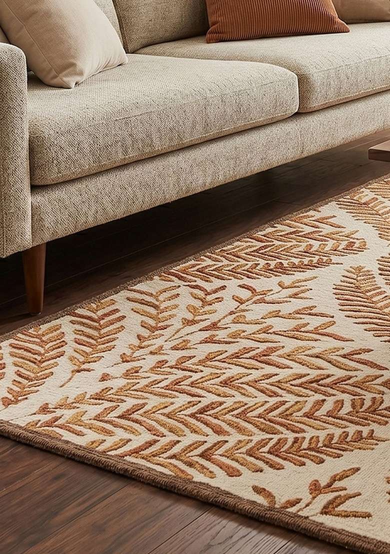 100% Wool Handmade Burnt Orange Rug | Transitional Leaf Square Carpet With Cotton Backing For Living Room - Indya