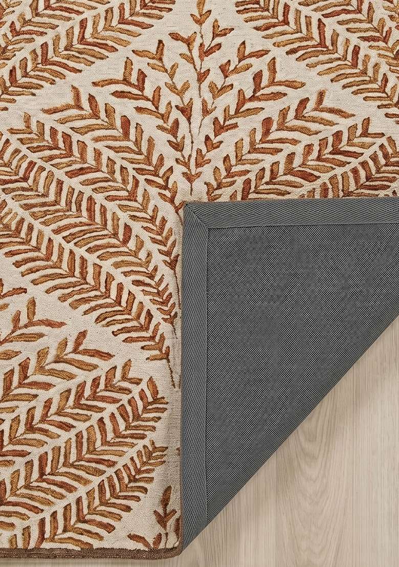 100% Wool Handmade Burnt Orange Rug | Transitional Leaf Square Carpet With Cotton Backing For Living Room - Indya