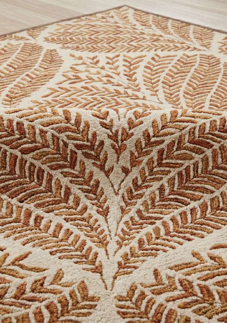100% Wool Handmade Burnt Orange Rug | Transitional Leaf Square Carpet With Cotton Backing For Living Room - Indya