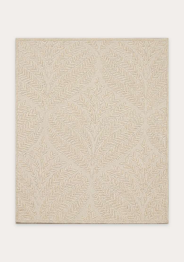 100% Wool Handmade Cream Rug | Transitional Leaf Square Carpet With Cotton Backing For Living Room - Indya