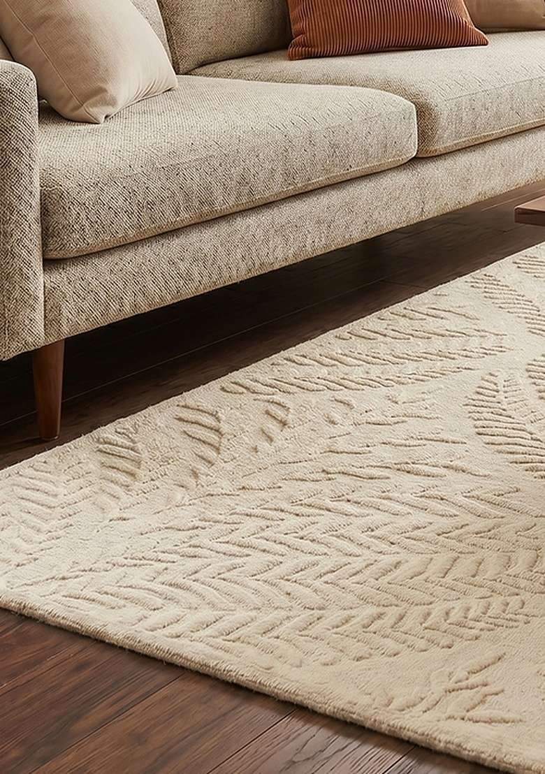 100% Wool Handmade Cream Rug | Transitional Leaf Square Carpet With Cotton Backing For Living Room - Indya