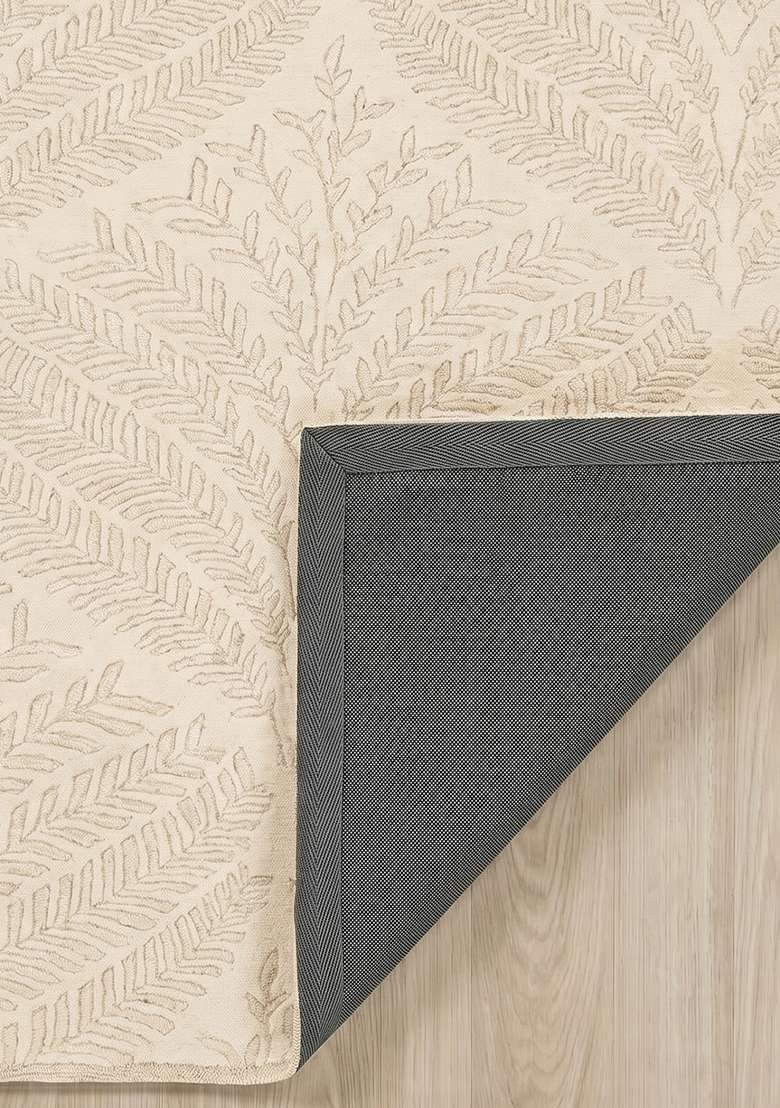 100% Wool Handmade Cream Rug | Transitional Leaf Square Carpet With Cotton Backing For Living Room - Indya