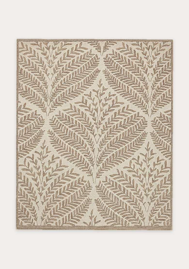 100% Wool Handmade Taupe Rug | Transitional Leaf Square Carpet With Cotton Backing For Living Room - Indya