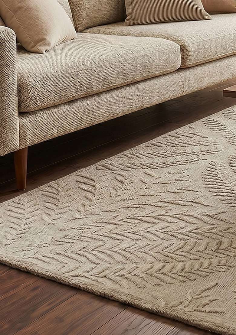 100% Wool Handmade Taupe Rug | Transitional Leaf Square Carpet With Cotton Backing For Living Room - Indya