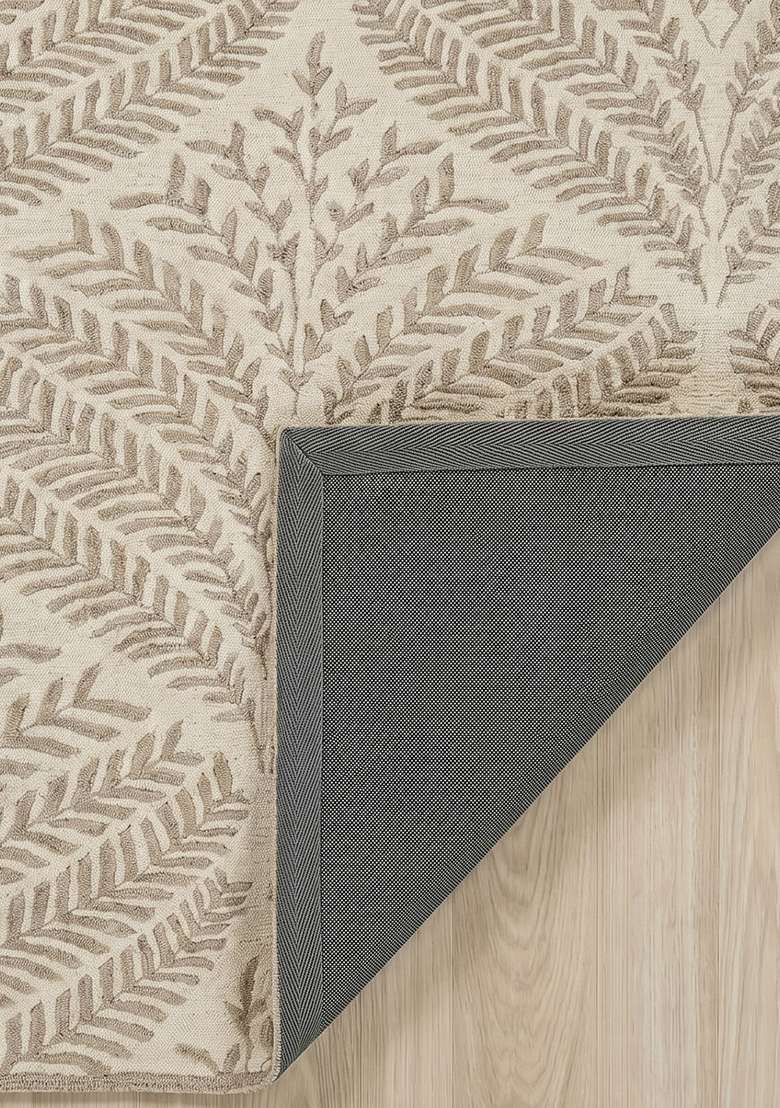 100% Wool Handmade Taupe Rug | Transitional Leaf Square Carpet With Cotton Backing For Living Room - Indya