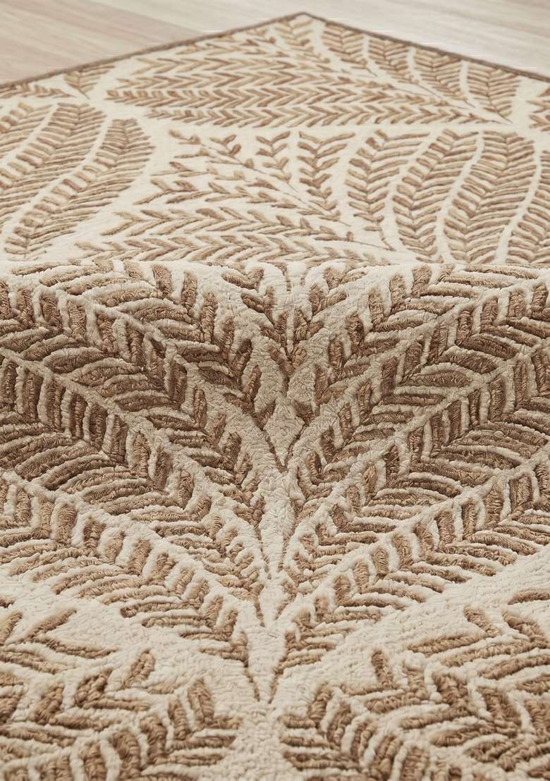 100% Wool Handmade Taupe Rug | Transitional Leaf Square Carpet With Cotton Backing For Living Room - Indya