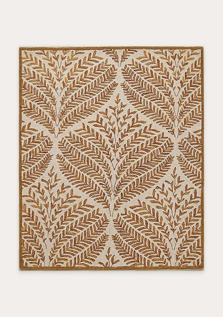100% Wool Handmade Muted Gold Rug | Transitional Leaf Square Carpet With Cotton Backing For Living Room - Indya