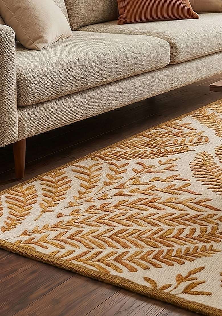 Saffron Rugs Hand-Tufted 100% Wool Area Rug | Muted Gold Square Rug | Cotton Backing | Transitional Leaf Home Decor Carpet for Living Room Bedroom - Indya
