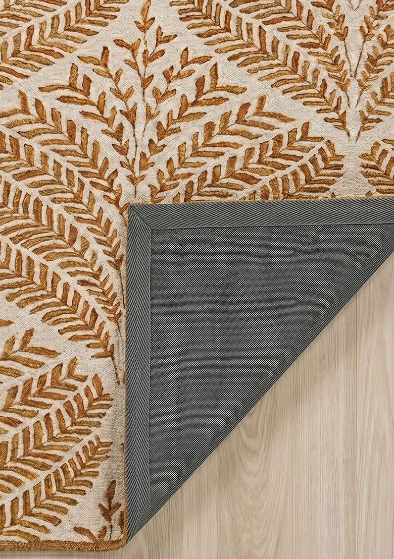 100% Wool Handmade Muted Gold Rug | Transitional Leaf Square Carpet With Cotton Backing For Living Room - Indya