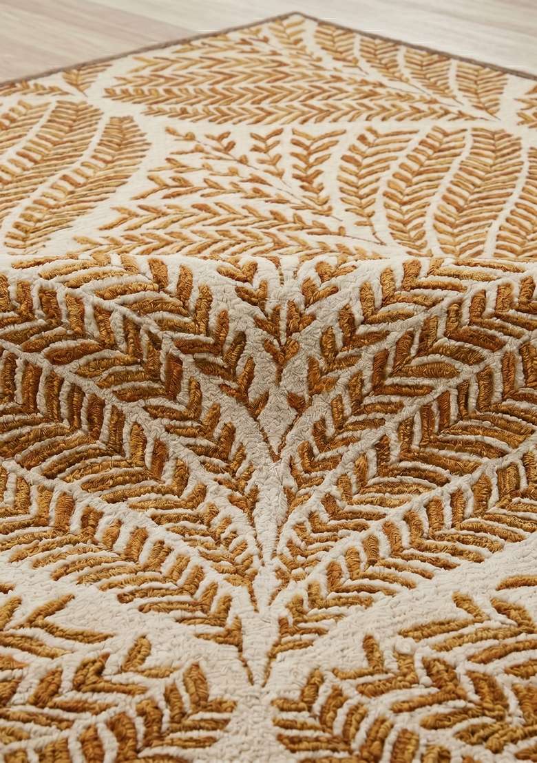 Saffron Rugs Hand-Tufted 100% Wool Area Rug | Muted Gold Square Rug | Cotton Backing | Transitional Leaf Home Decor Carpet for Living Room Bedroom - Indya