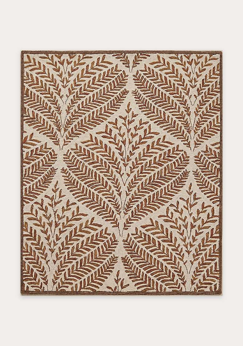 100% Wool Handmade Rust Orange Rug | Transitional Leaf Square Carpet With Cotton Backing For Living Room - Indya