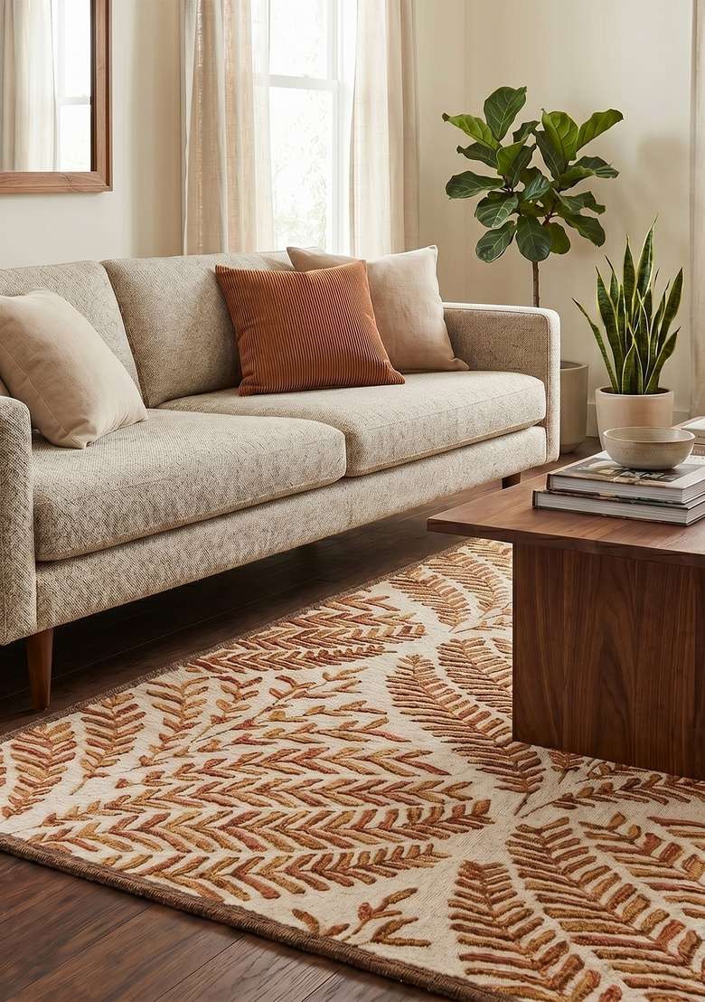 100% Wool Handmade Rust Orange Rug | Transitional Leaf Square Carpet With Cotton Backing For Living Room - Indya