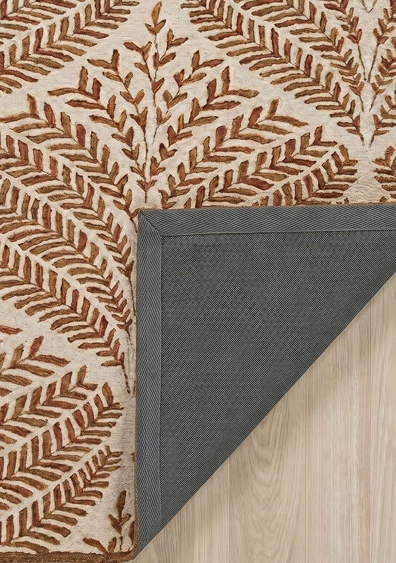 100% Wool Handmade Rust Orange Rug | Transitional Leaf Square Carpet With Cotton Backing For Living Room - Indya