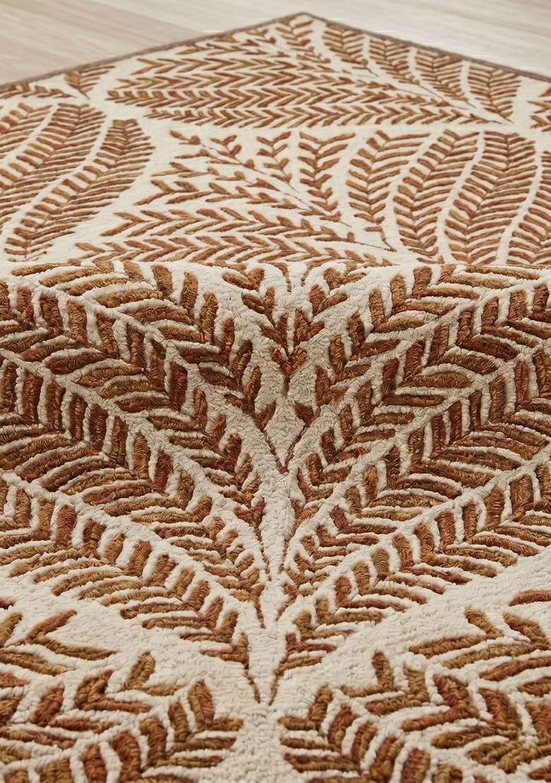 100% Wool Handmade Rust Orange Rug | Transitional Leaf Square Carpet With Cotton Backing For Living Room - Indya