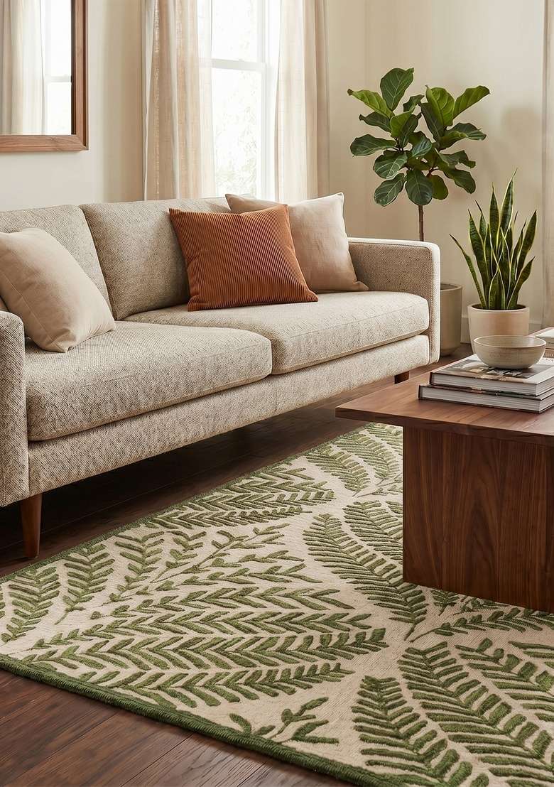 Saffron Rugs Hand Tufted Sage Green Leaf Transitional Square Wool Area Rug - Indya