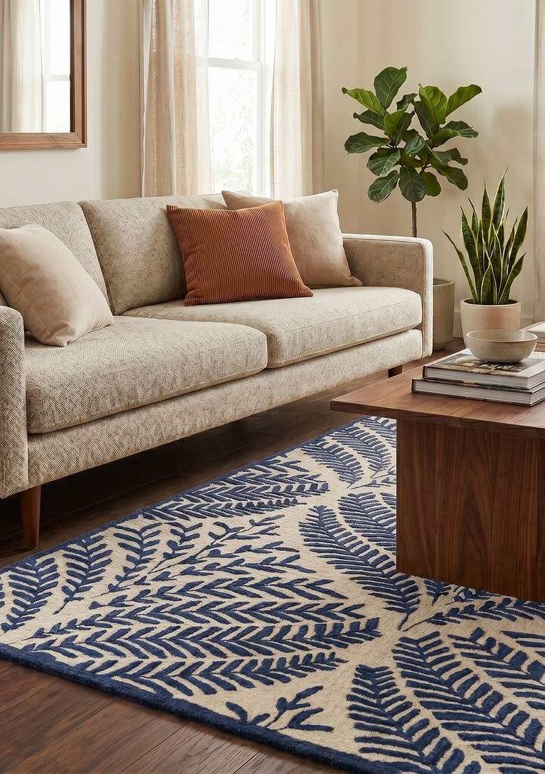 Saffron Rugs Hand Tufted Navy Blue Leaf Transitional Square Wool Area Rug - Indya