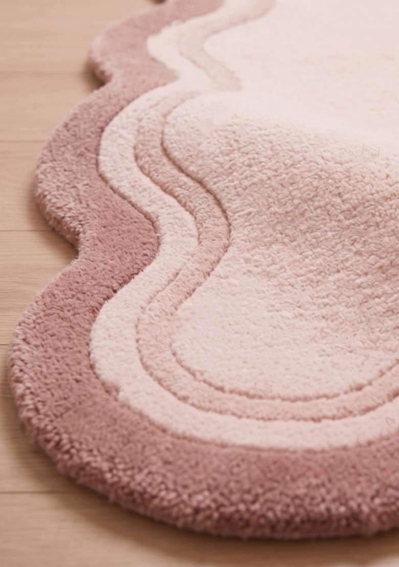 100% Wool Handmade Pink Rug | Contemporary Solid Scalloped Carpet With Cotton Backing For Living Room - Indya