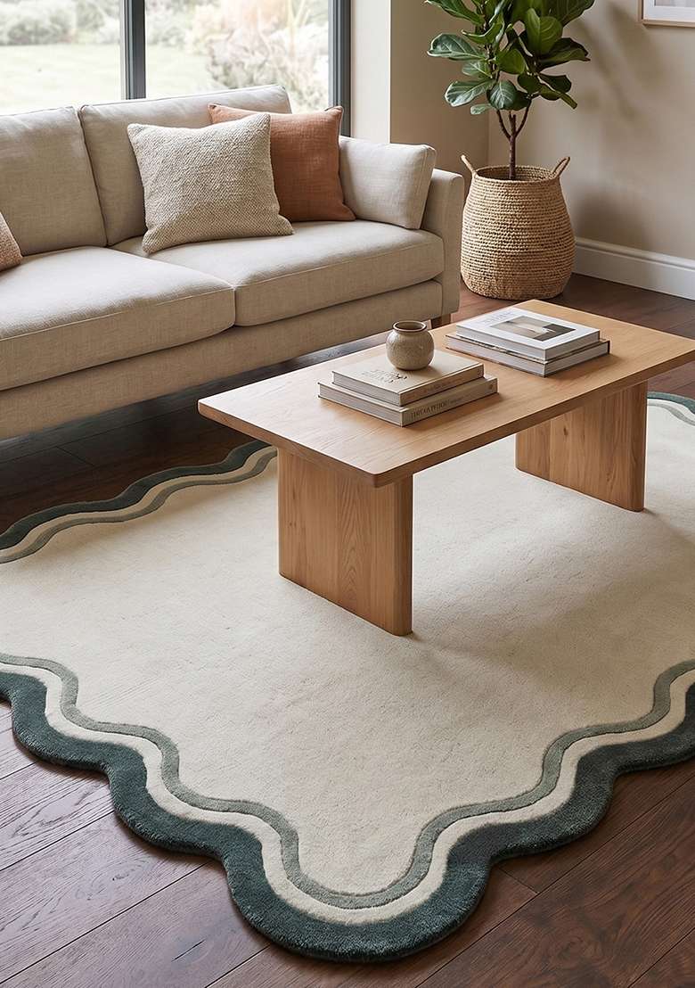 100% Wool Handmade Soft Sage Green Rug | Contemporary Solid Scalloped Carpet With Cotton Backing For Living Room - Indya