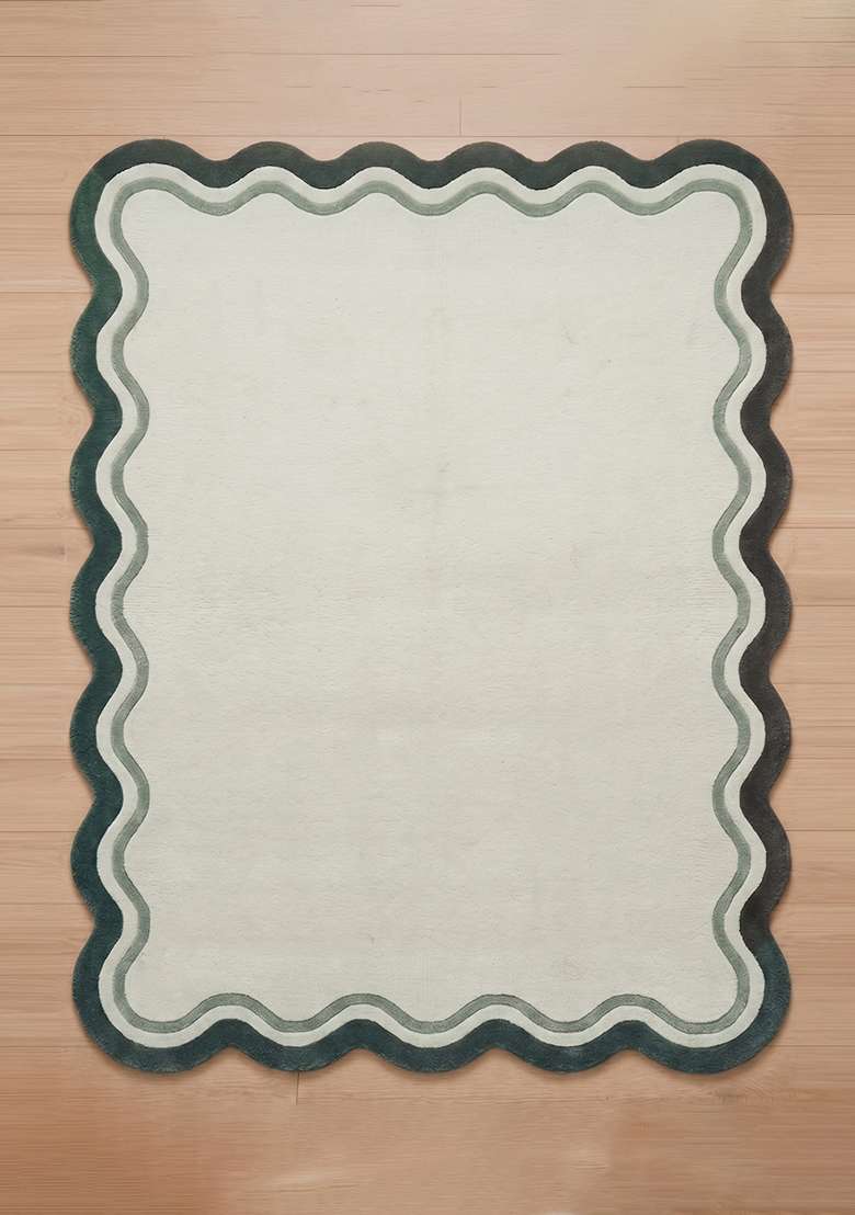 100% Wool Handmade Soft Sage Green Rug | Contemporary Solid Scalloped Carpet With Cotton Backing For Living Room - Indya