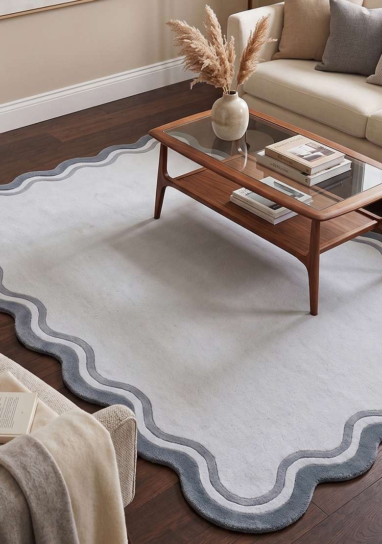 Saffron Rugs Ice Blue Contemporary Solid Hand Tufted Wool Scalloped Rug - Indya