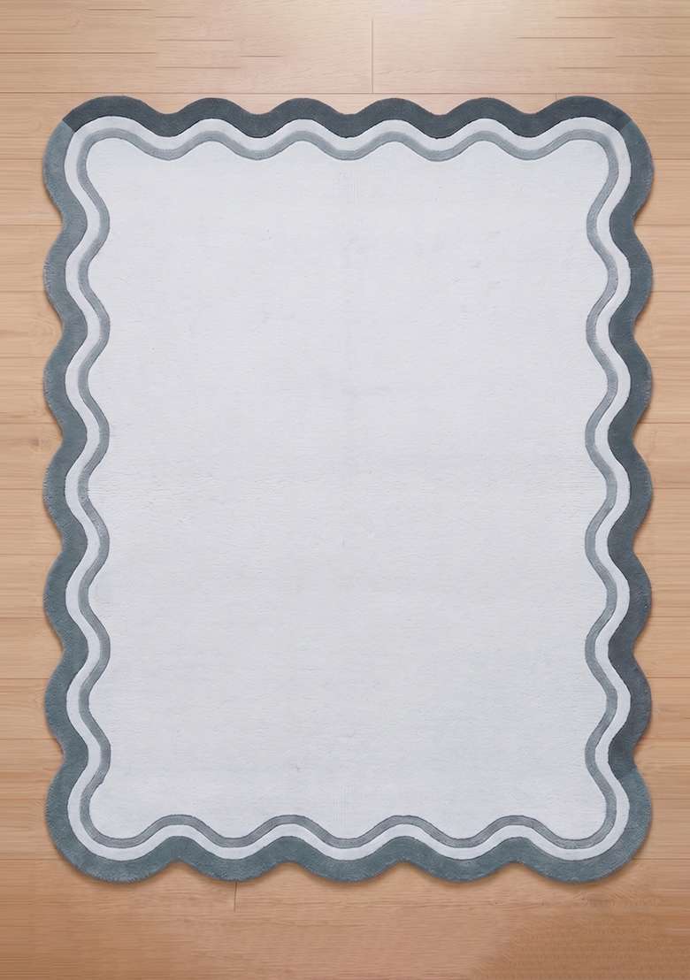 Saffron Rugs Ice Blue Contemporary Solid Hand Tufted Wool Scalloped Rug - Indya