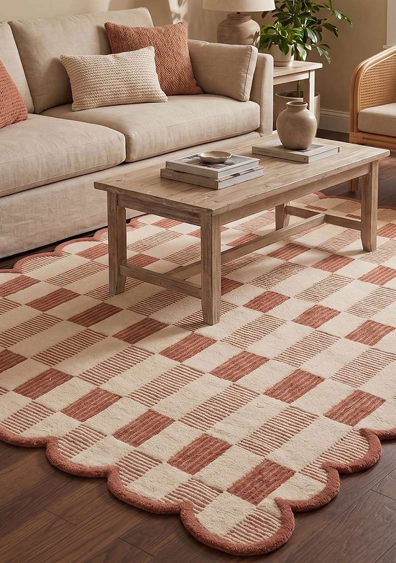 Saffron Rugs Hand-Tufted 100% Wool Area Rug | Terracotta Orange Scalloped Rug | Cotton Backing | Contemporary Checkered Home Decor Carpet for Living Room Bedroom - Indya