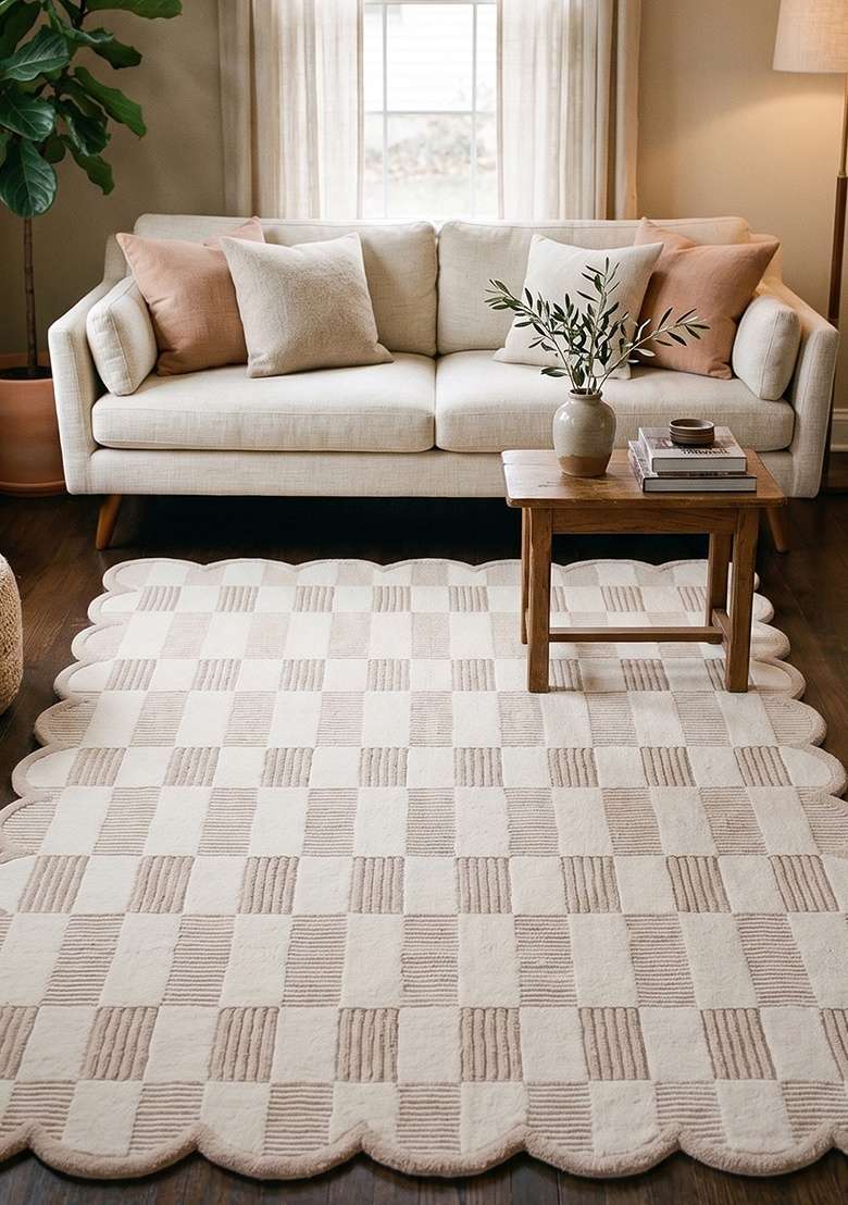 100% Wool Handmade Beige Rug | Contemporary Checkered Scalloped Carpet With Cotton Backing For Living Room - Indya
