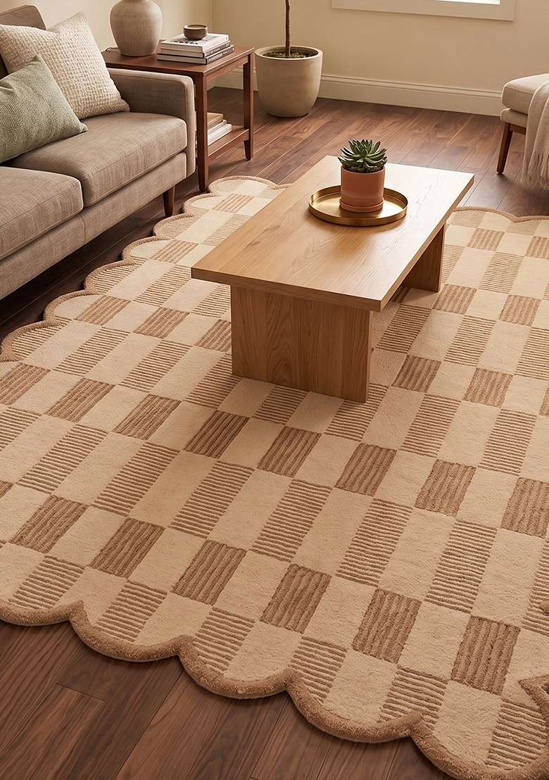 Saffron Rugs Hand-Tufted 100% Wool Area Rug | Camel Tan Scalloped Rug | Cotton Backing | Contemporary Checkered Home Decor Carpet for Living Room Bedroom - Indya