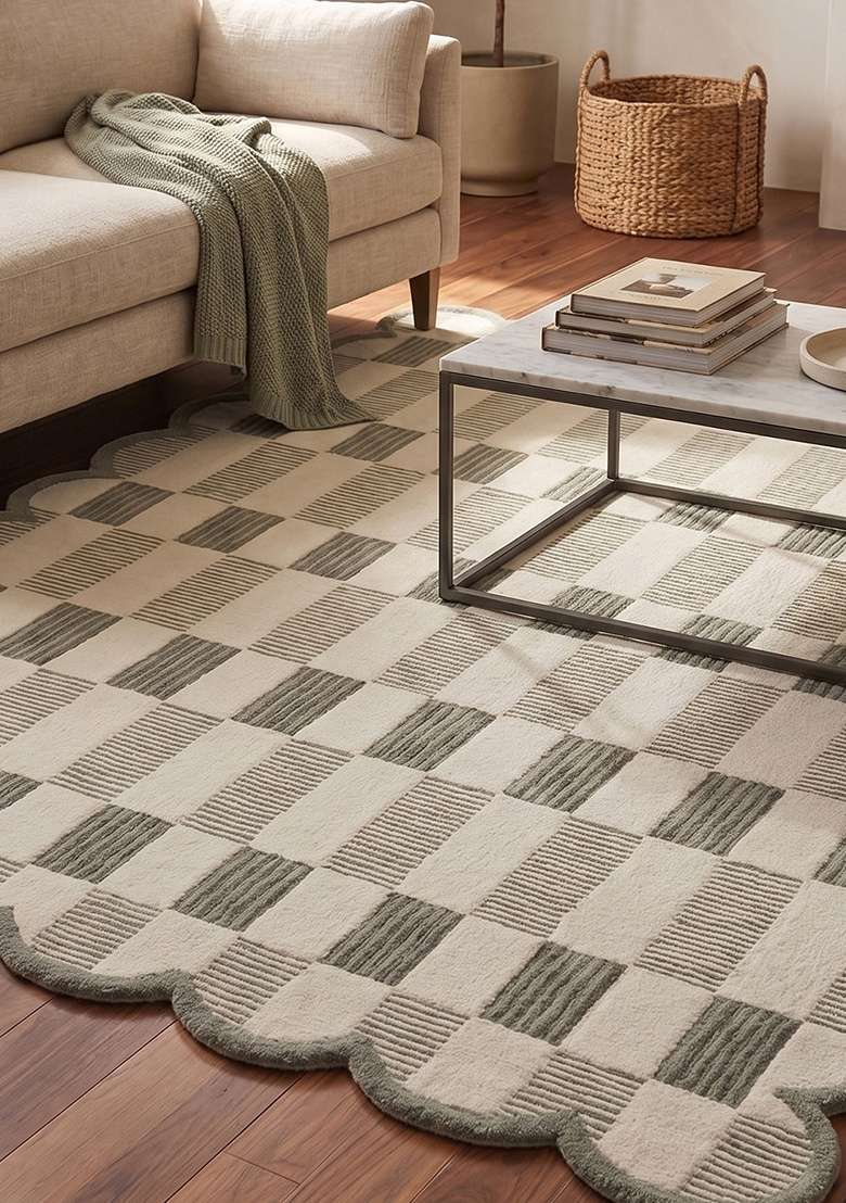 Saffron Rugs Hand-Tufted 100% Wool Area Rug | Muted Sage Green Scalloped Rug | Cotton Backing | Contemporary Checkered Home Decor Carpet for Living Room Bedroom - Indya