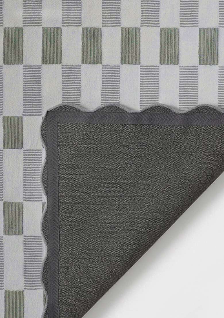 100% Wool Handmade Muted Sage Green Rug | Contemporary Checkered Scalloped Carpet With Cotton Backing For Living Room - Indya