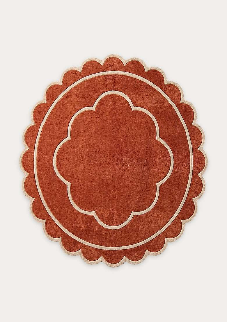 100% Wool Handmade Rust Orange Rug | Contemporary Floral Scalloped Carpet With Cotton Backing For Living Room - Indya