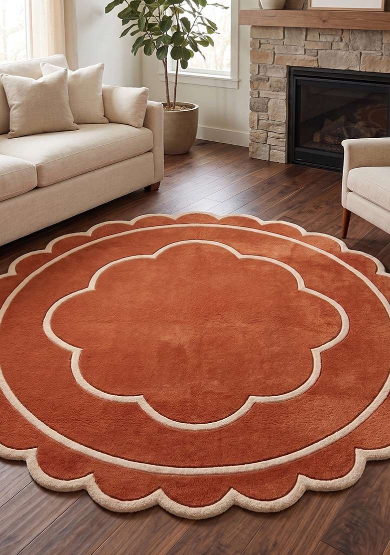 100% Wool Handmade Rust Orange Rug | Contemporary Floral Scalloped Carpet With Cotton Backing For Living Room - Indya