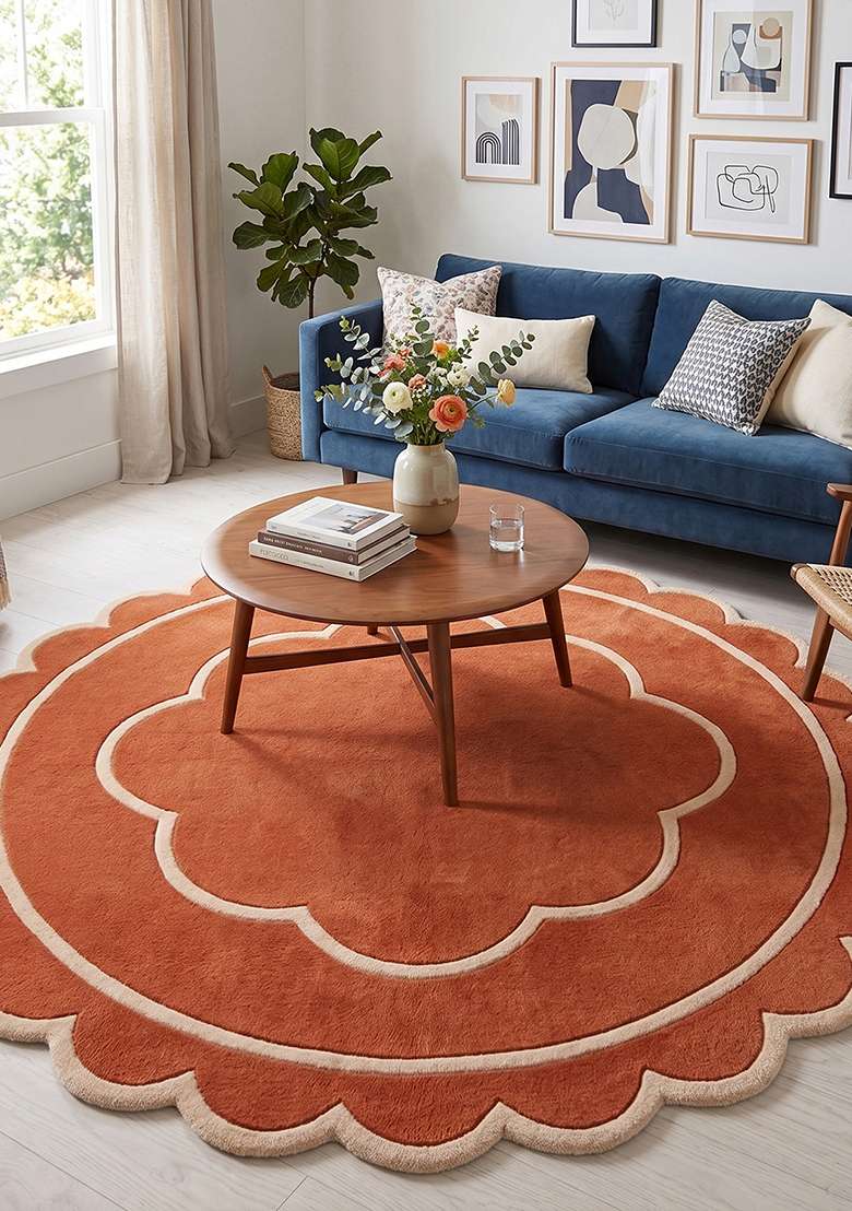 100% Wool Handmade Rust Orange Rug | Contemporary Floral Scalloped Carpet With Cotton Backing For Living Room - Indya
