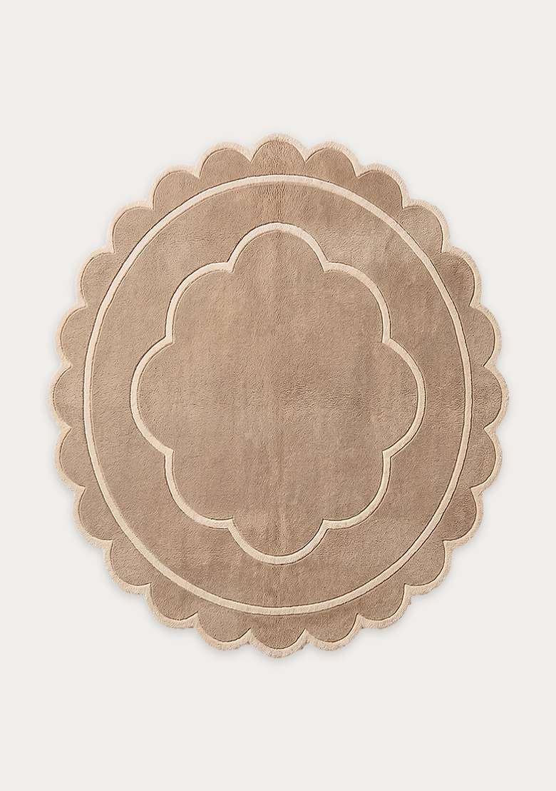 100% Wool Handmade Beige Rug | Contemporary Floral Scalloped Carpet With Cotton Backing For Living Room - Indya