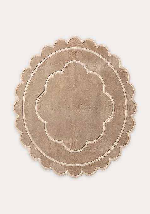 100% Wool Handmade Beige Rug | Contemporary Floral Scalloped Carpet With Cotton Backing For Living Room