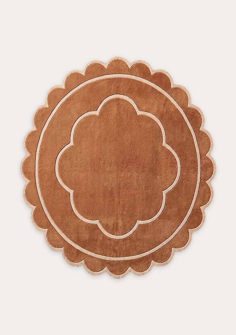 100% Wool Handmade Camel Tan Rug | Contemporary Floral Scalloped Carpet With Cotton Backing For Living Room - Indya