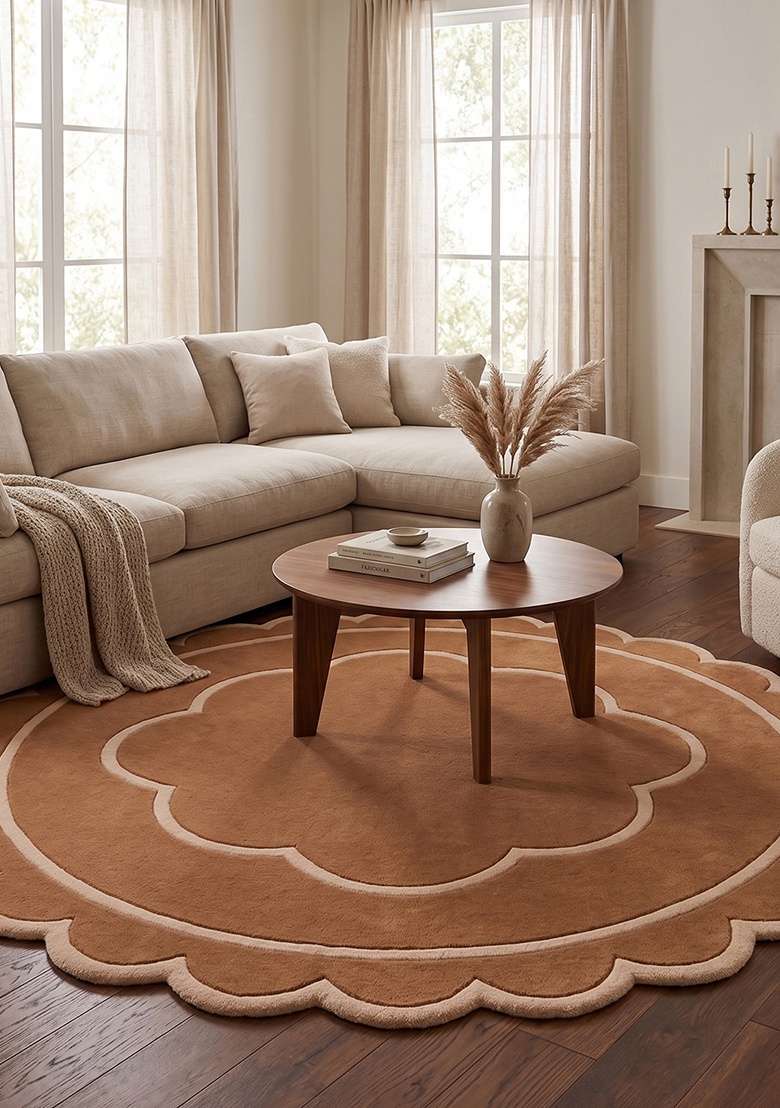 Saffron Rugs Hand-Tufted 100% Wool Area Rug | Camel Tan Scalloped Rug | Cotton Backing | Contemporary Floral Home Decor Carpet for Living Room Bedroom - Indya