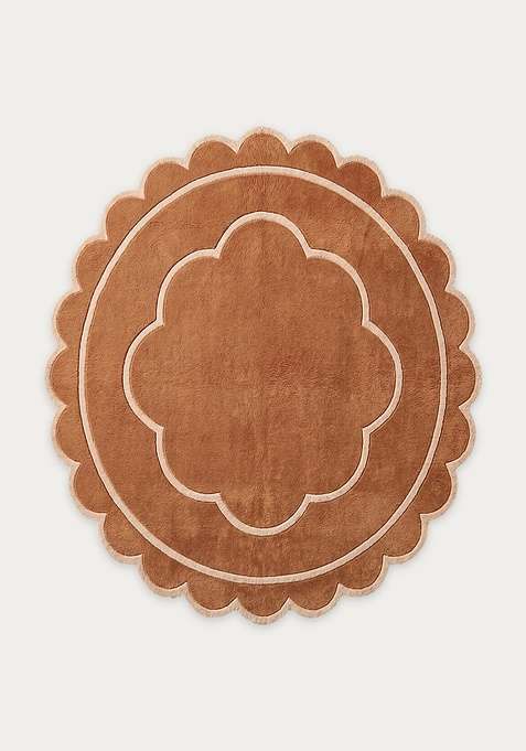 100% Wool Handmade Camel Tan Rug | Contemporary Floral Scalloped Carpet With Cotton Backing For Living Room