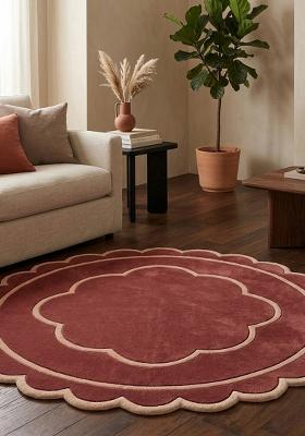 Saffron Rugs Hand-Tufted 100% Wool Area Rug | Burgundy Scalloped Rug | Cotton Backing | Contemporary Floral Home Decor Carpet for Living Room Bedroom