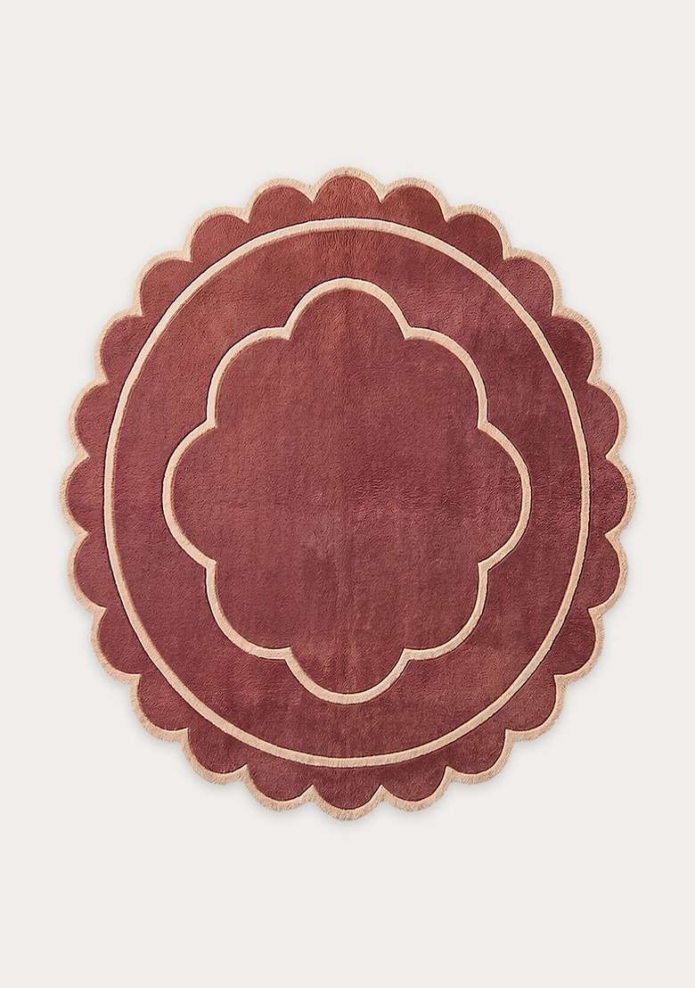 100% Wool Handmade Burgundy Rug | Contemporary Floral Scalloped Carpet With Cotton Backing For Living Room - Indya