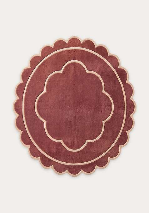 100% Wool Handmade Burgundy Rug | Contemporary Floral Scalloped Carpet With Cotton Backing For Living Room