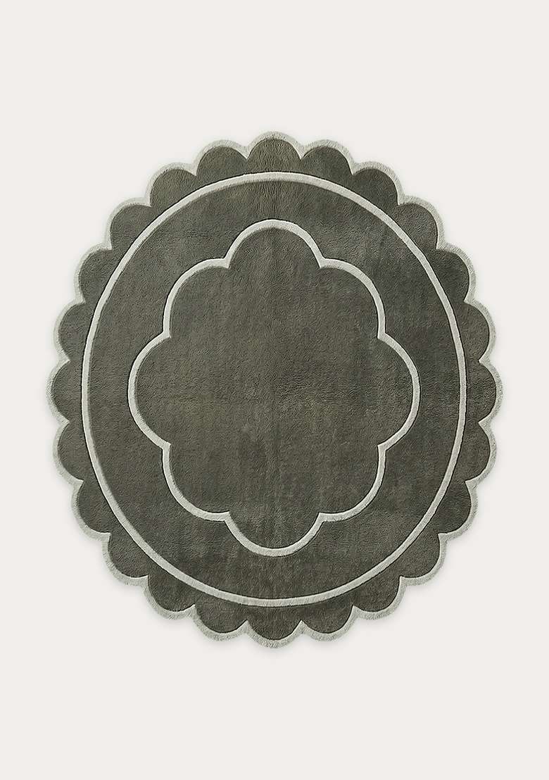 100% Wool Handmade Olive Green Rug | Contemporary Floral Scalloped Carpet With Cotton Backing For Living Room - Indya